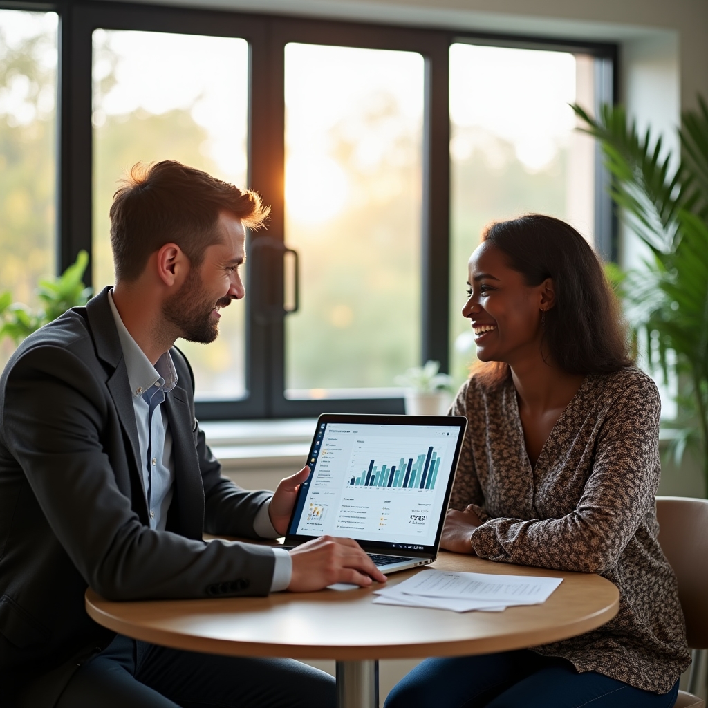 Business advisor and small business client reviewing a laptop screen together in a bright office