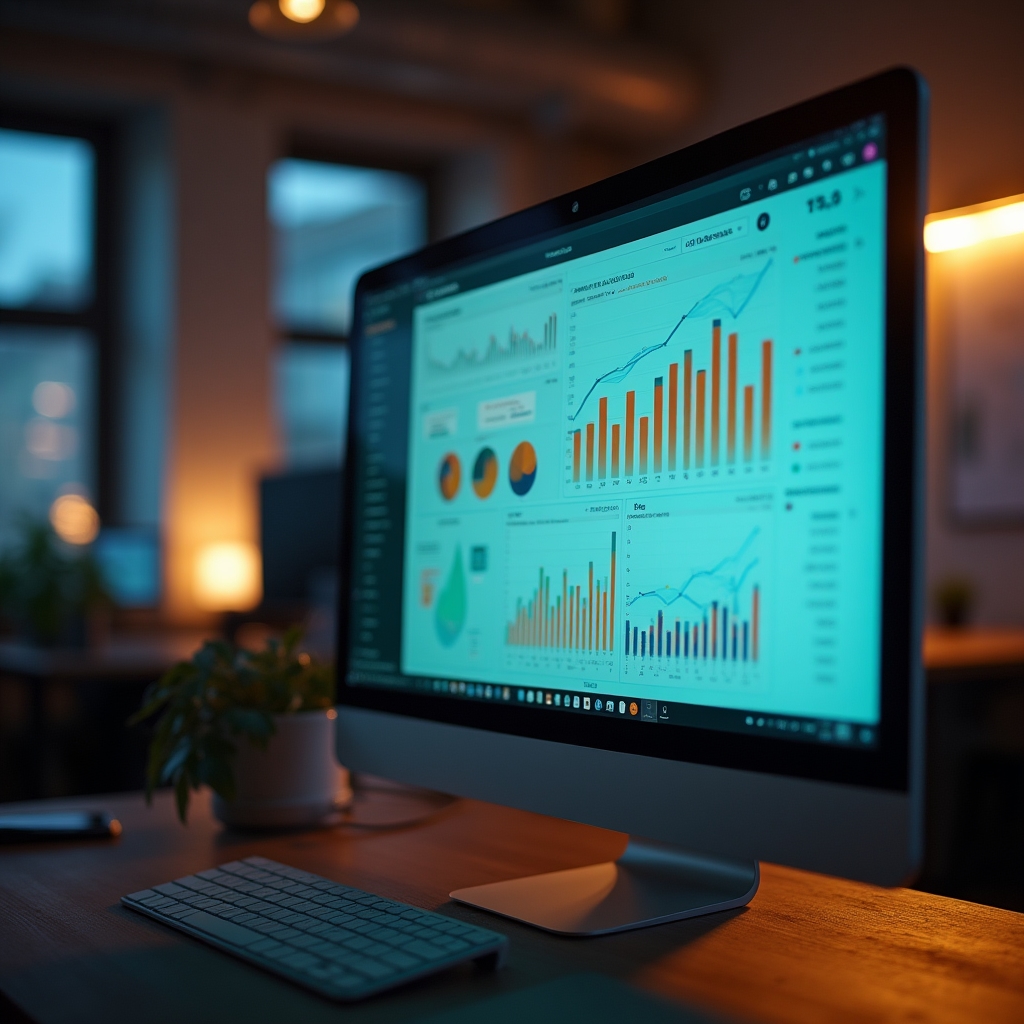 Close-up of a website analytics dashboard displayed on a monitor with graphs and visitor charts