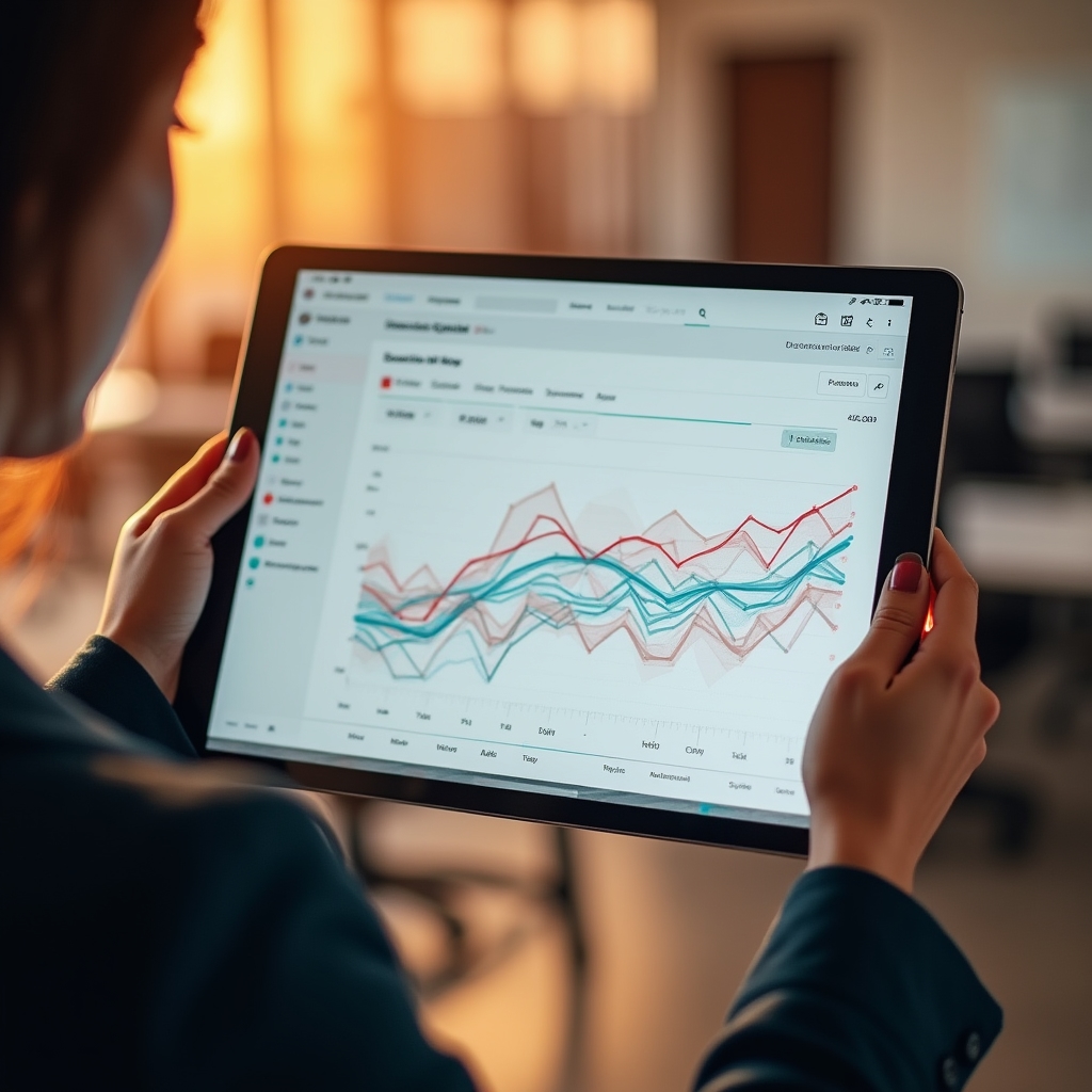 Line chart on a tablet screen showing customer visit patterns over several weeks