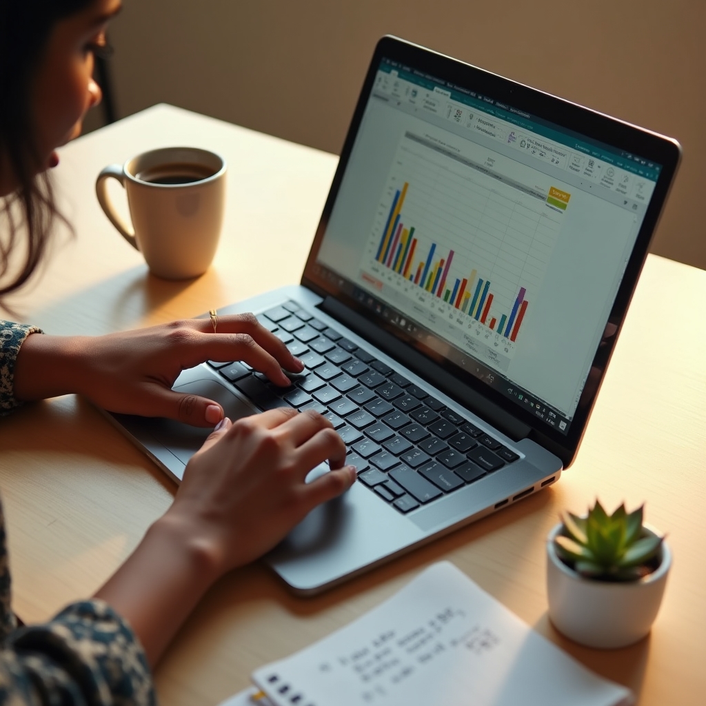Overhead view of hands typing on a laptop building a spreadsheet dashboard with charts visible