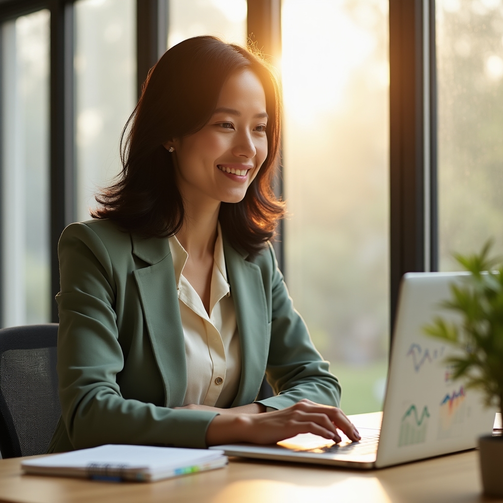 Small business owner reviewing a sales dashboard on a laptop in a bright workspace