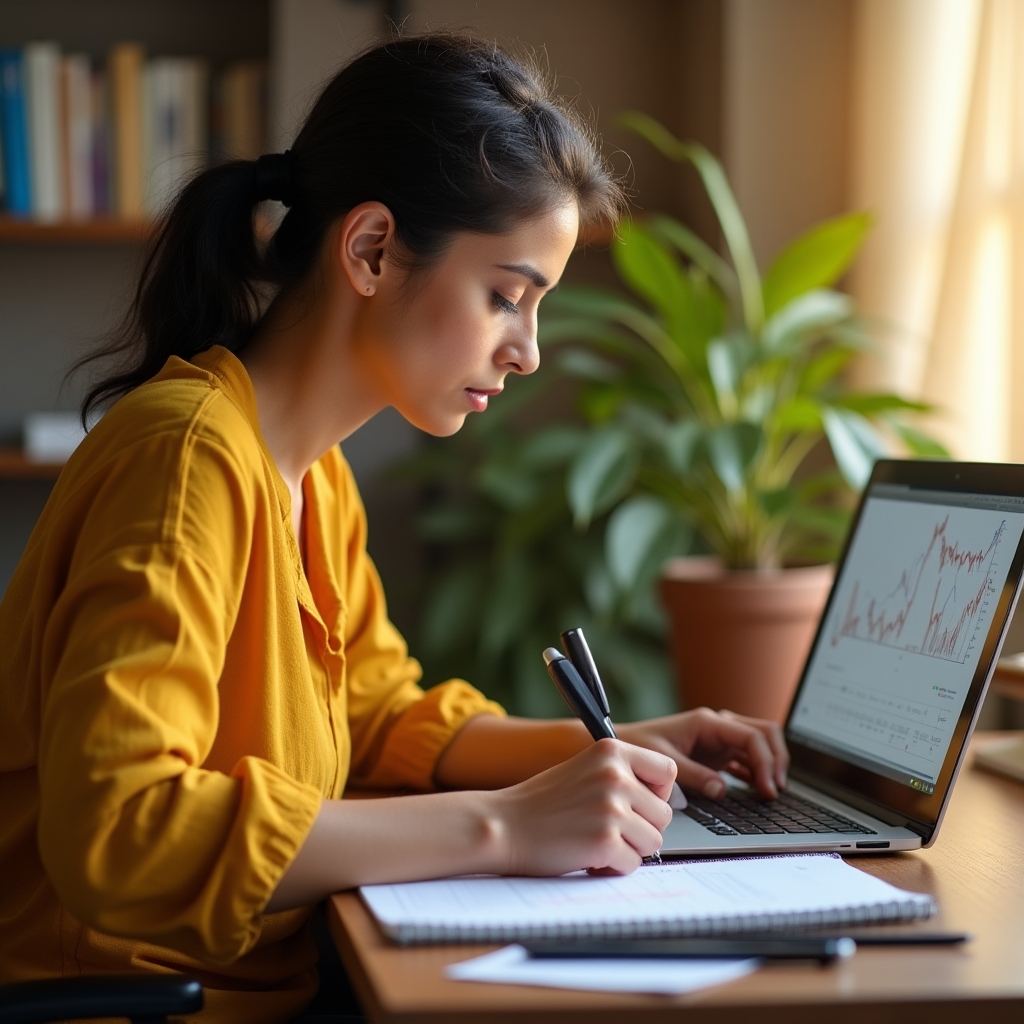 Small business owner writing notes next to a laptop showing a traffic analytics chart