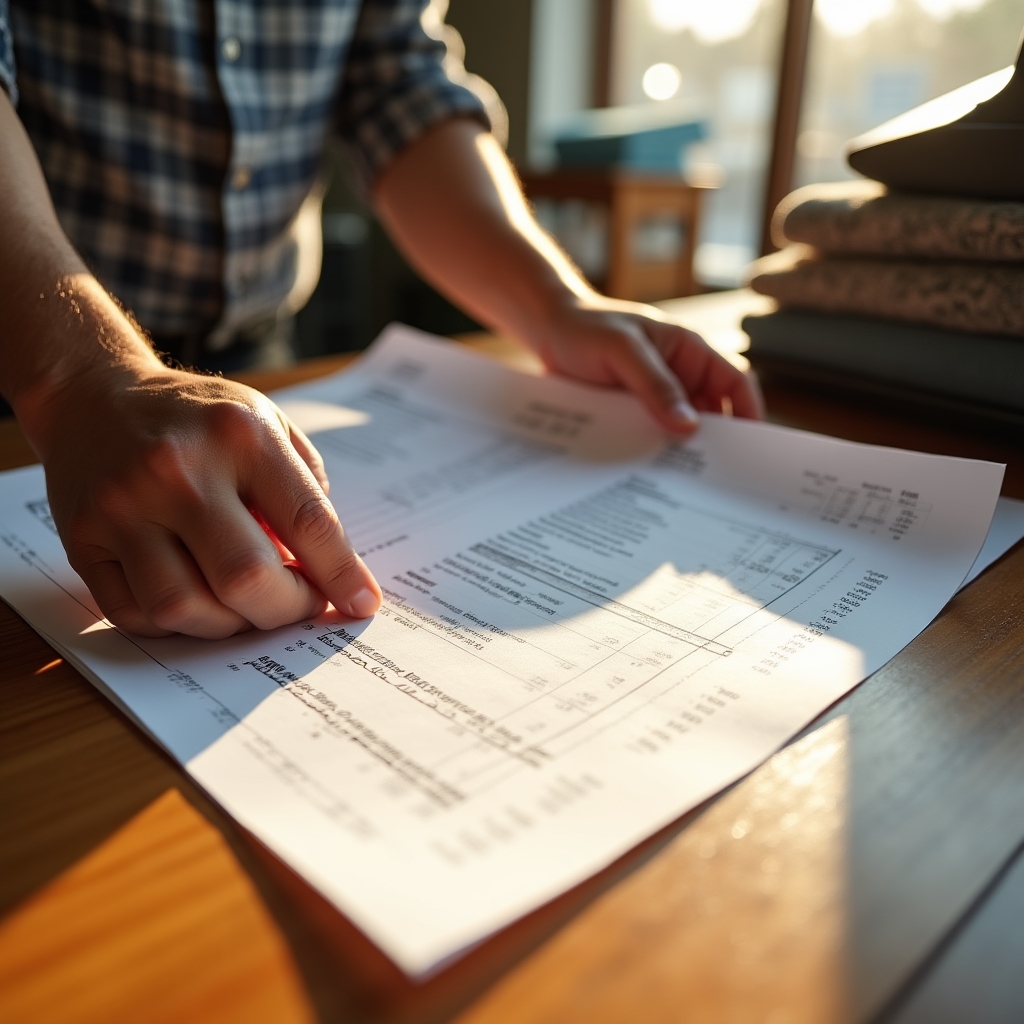 Close-up of hands reviewing a printed point-of-sale sales report on a countertop