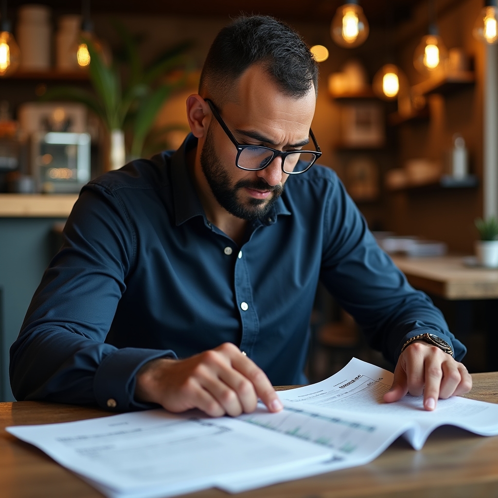 Business owner examining printed sales reports at a wooden desk