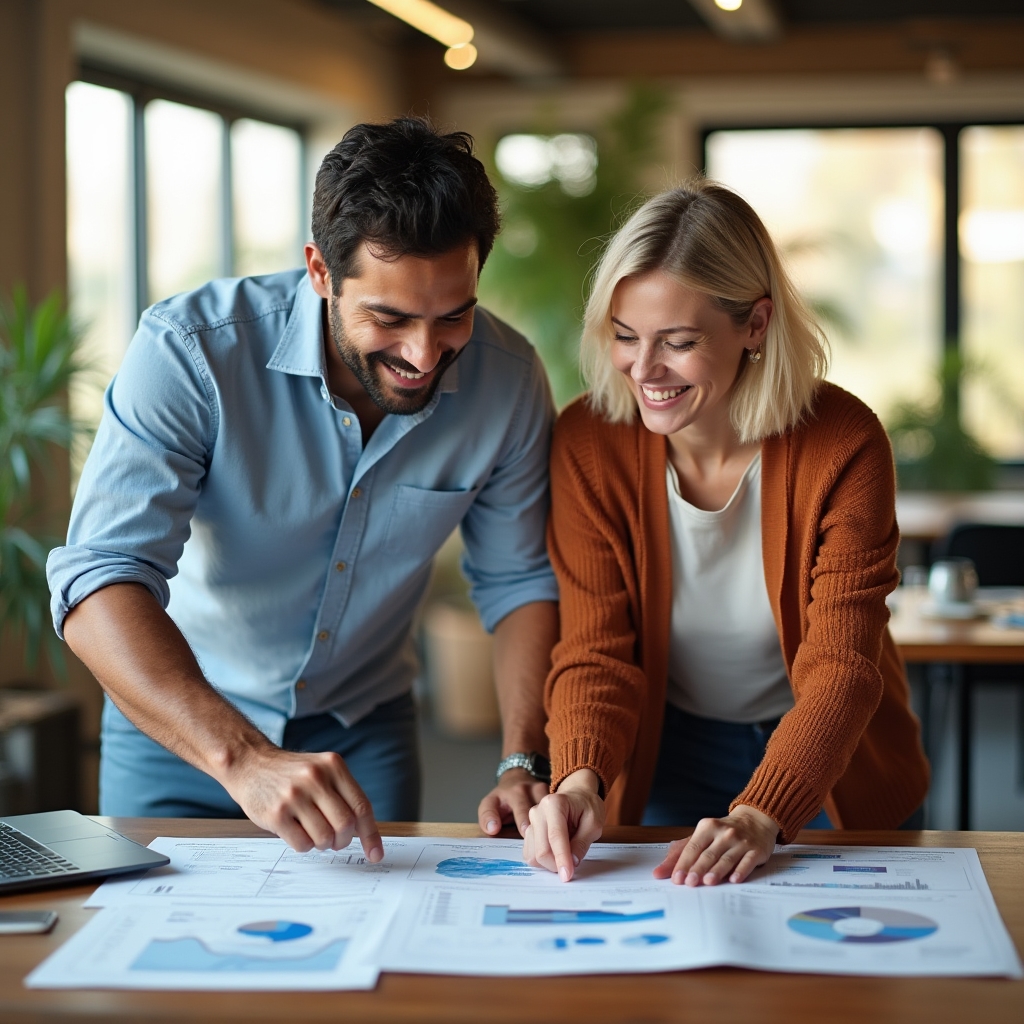 Two small business colleagues discussing printed charts around a table with a laptop